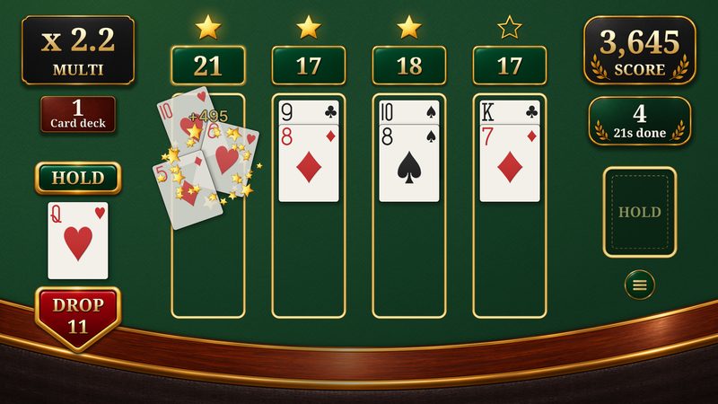 Simply 21 on the green table: a 5 turns a 16 into 21 and lights the third star