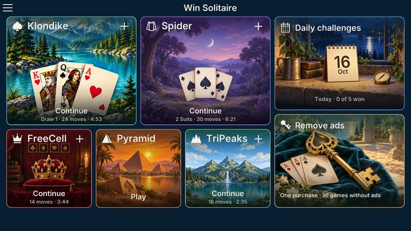 The Win Solitaire start page with a painted tile for each of the five games